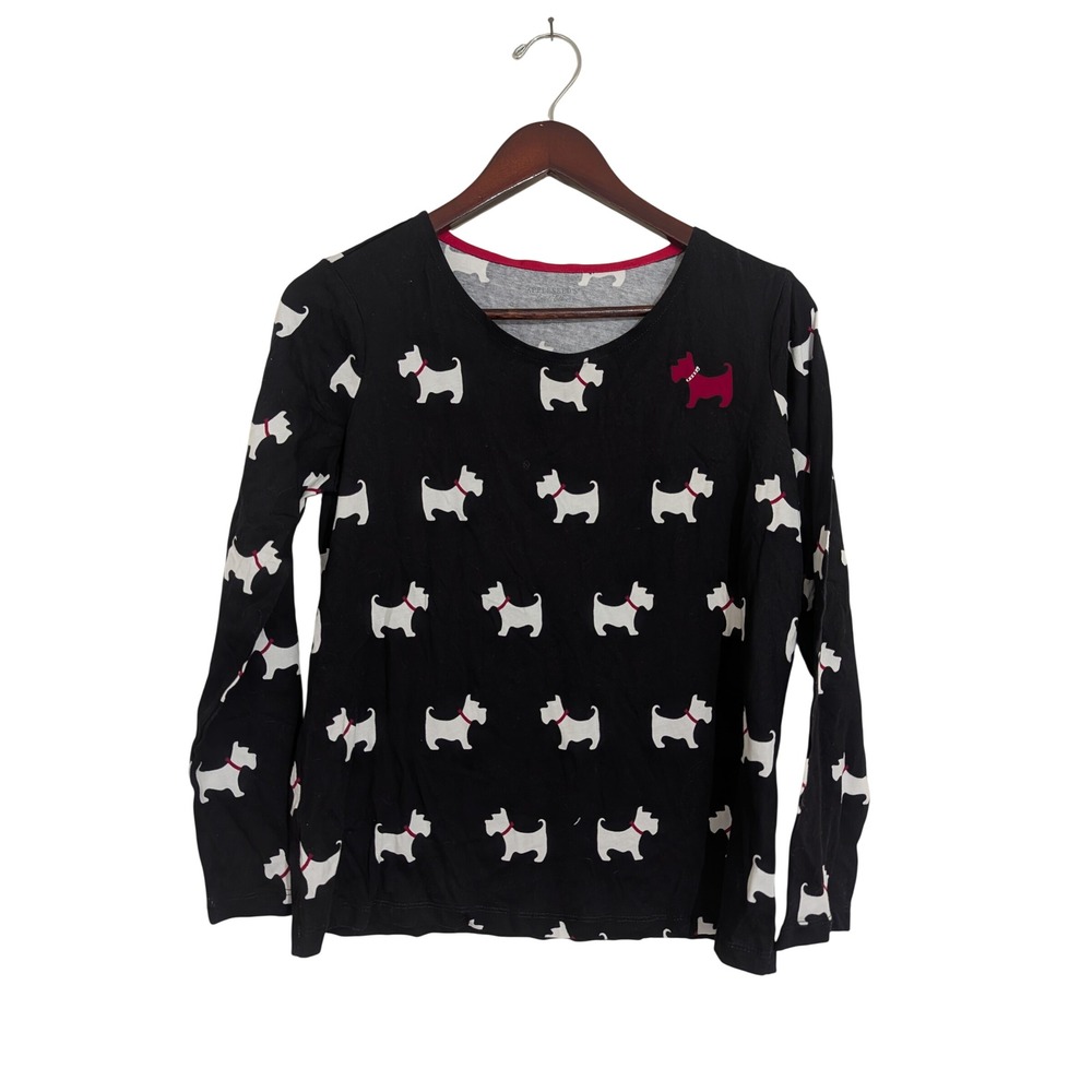 Appleseed's Womens Petite PS Black Scottie Dog Print Long Sleeve Crew Neck Tee